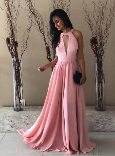 A-Line Pink Keyhole Front Bodice Backless Long Prom Dress