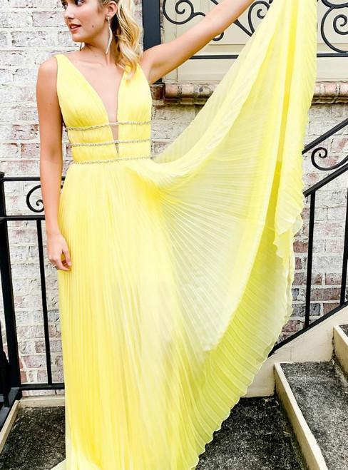 Plunging V Neck Ruched Long Daffodil Yellow Prom Dress With Beading