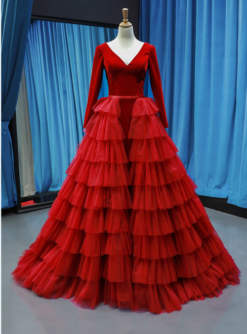 Red Ball Gown Tulle Velvet Long Sleeve V-neck Haute Couture Prom Dress