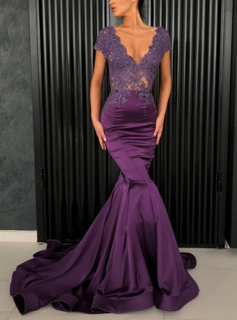 Purple Mermaid Satin Appliques V-neck Cap Sleeve Prom Dress