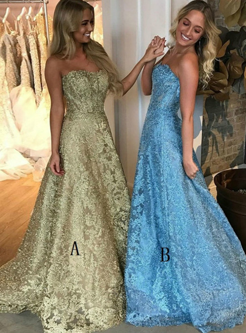A-Line Gold Lace Sweetheart Neck Long Prom Dress