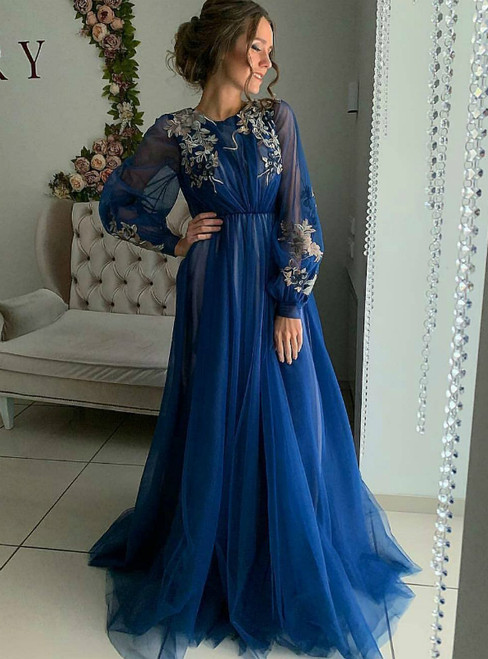 A-Line Blue Tulle Appliques Long Sleeve Long Prom Dress