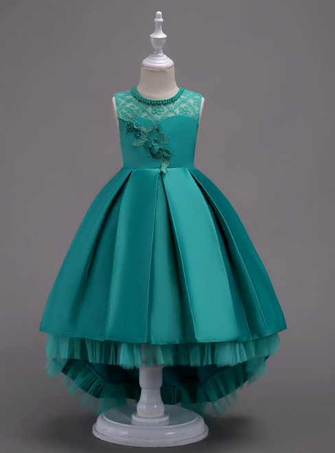 In Stock:Ship in 48 Hours Green Hi Lo Satin Appliques Girl Dress