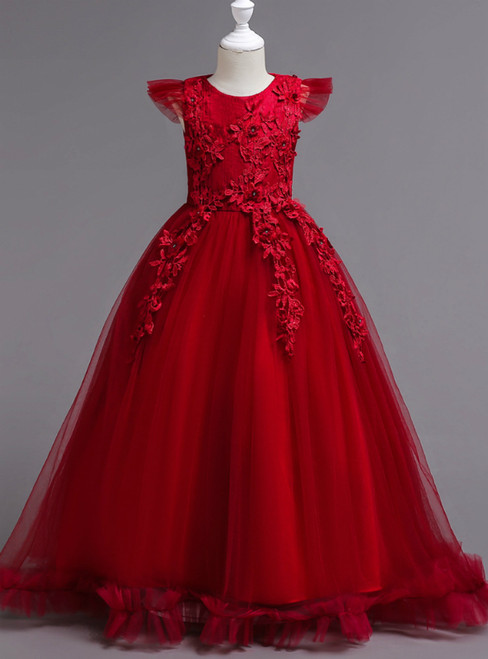 In Stock:Ship in 48 Hours Red Tulle Appliques Scoop Neck Flower Girl Dress