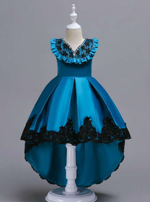 In Stock:Ship in 48 Hours Blue Satin Hi Lo Appliques Girl Dress