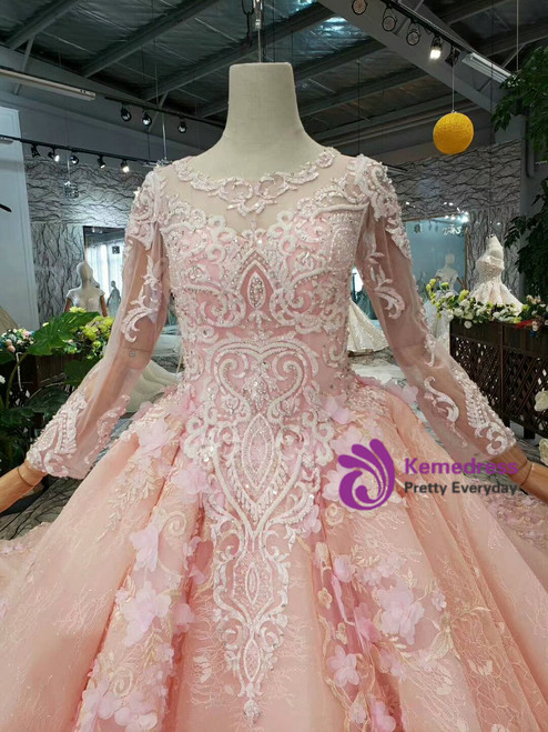 Luxurious Glitter Long Sleeve Dresses Romantic Appliqued Tulle Ball Gowns Y443