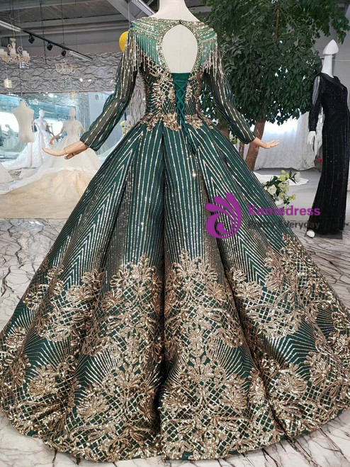 Luxury Green Ball Gown Sequins Long Sleeve Backless Beading Formal Dress