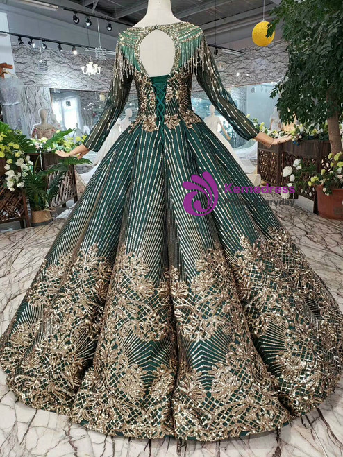 Luxury Green Ball Gown Sequins Long Sleeve Backless Beading Formal Dress