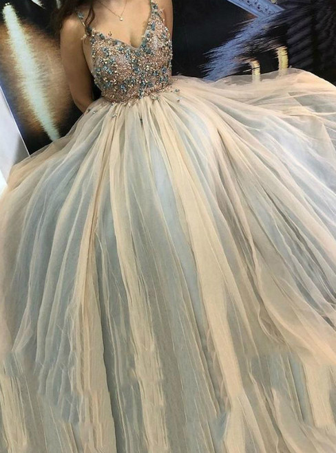 Spaghetti Straps Tulle Prom Dress with Appliques Beading Long Evening Gown