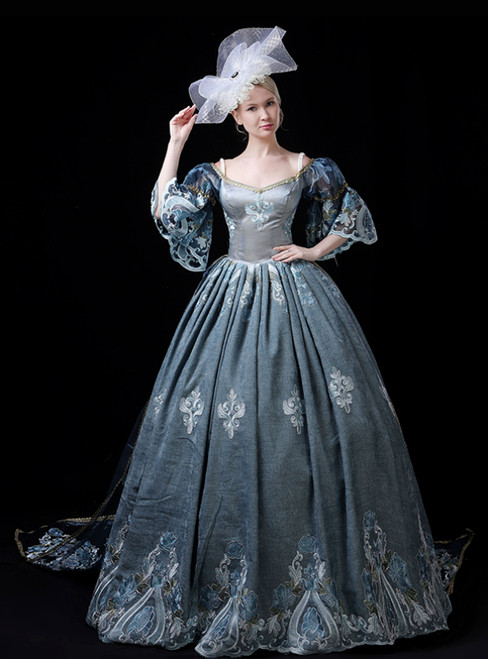 Blue Off the Shoulder Print Retro European Court Gown