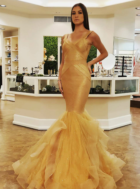 Gold Mermaid Straps Tulle Long Prom Dress Evening Dress