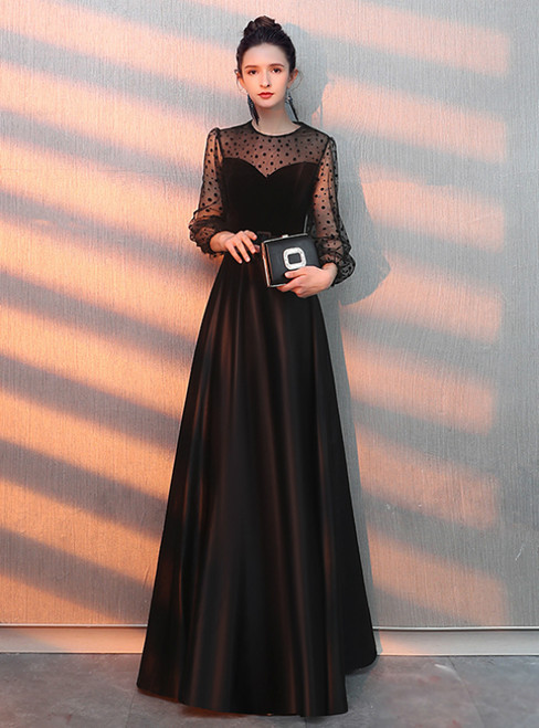 In Stock:Ship in 48 Hours Black Satin Long Sleeve Prom Dress