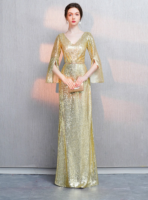 In Stock:Ship in 48 Hours Gold Sequins V-neck Long Sleeve Prom Dress