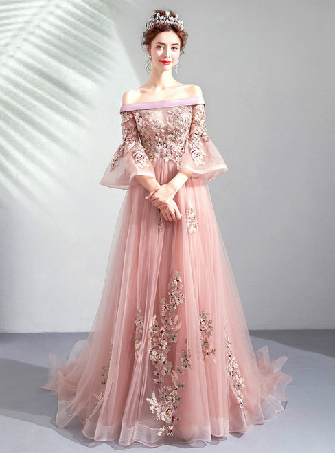 In Stock:Ship in 48 Hours Pink Tulle Appliques Off the Shoulder Puff Sleeve Prom Dress