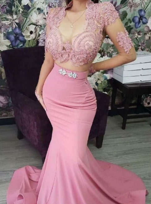 Pink Mermaid Satin V-neck Long Sleeve Appliques Two Piece Prom Dress