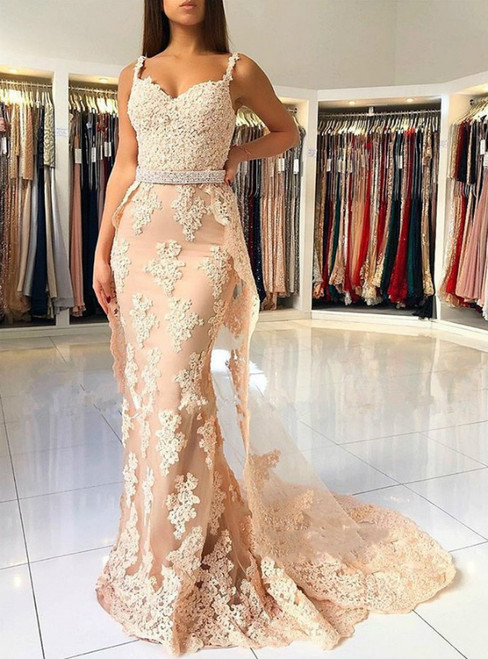 Champagne Mermaid Tulle Lace Appliques Straps Prom Dress