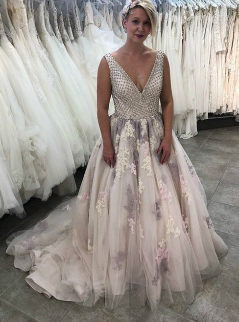 Champagne Tulle Lace Appliques V-neck Backless Beading Prom Dress