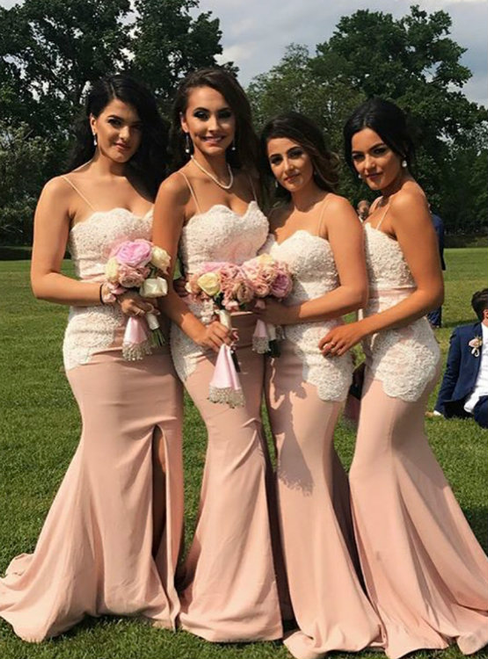 Long Spaghetti Strap Bridesmaid Dress with Front Slit