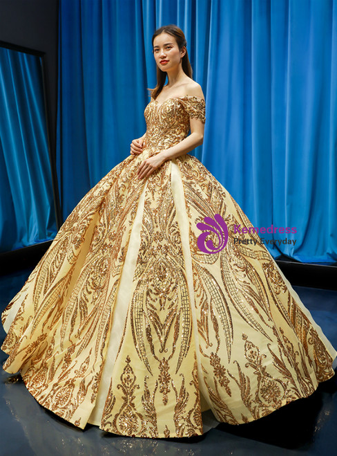 Gold Ball Gown Sequins Off the Shoulder Quinceanera Dresses