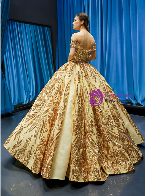 Gold Ball Gown Sequins Off the Shoulder Quinceanera Dresses