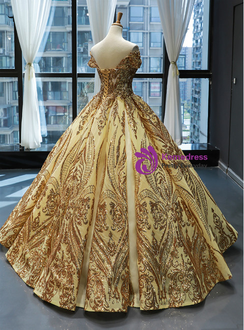 Gold Ball Gown Sequins Off the Shoulder Quinceanera Dresses