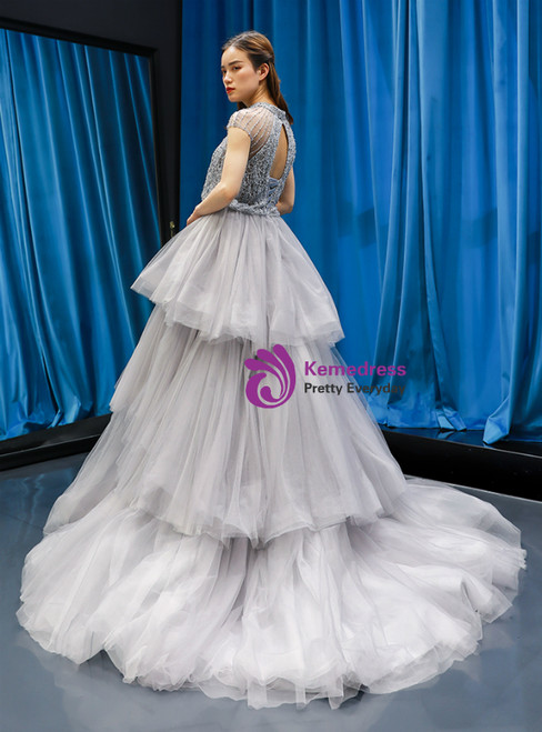 Ball Gown Sleeveless Illusion Neck Long Gray Tulle Prom Dress, Lace Beading
