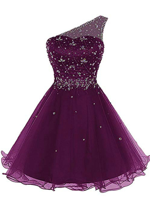 A-Line Purple Tulle One Shoulder Beading Crystal Homecoming Dress