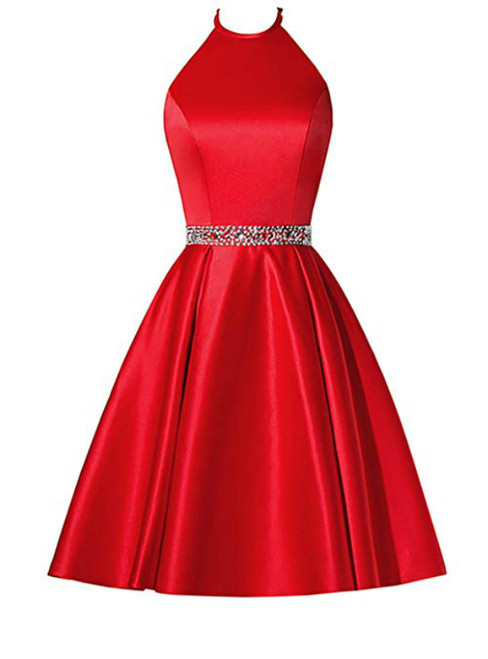 A-Line Red Satin Halter Beading Crystal Homecoming Dress With Pocket