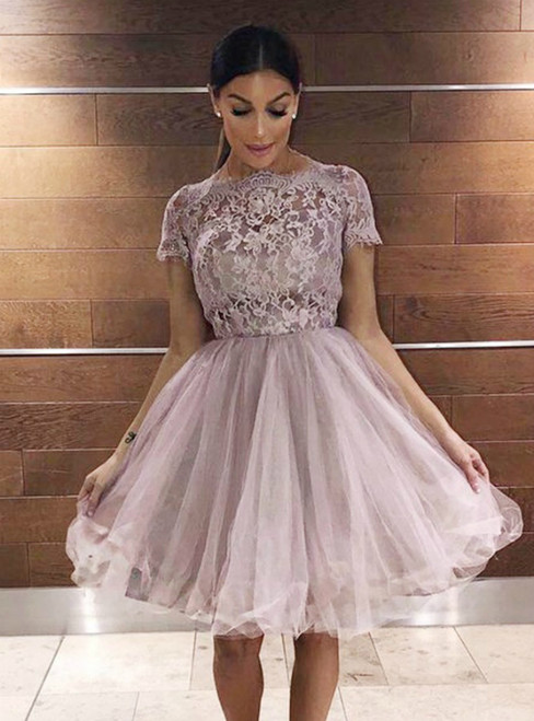 Pink Tulle Cap Sleeve Lace  Applqiues Homecoming Dress