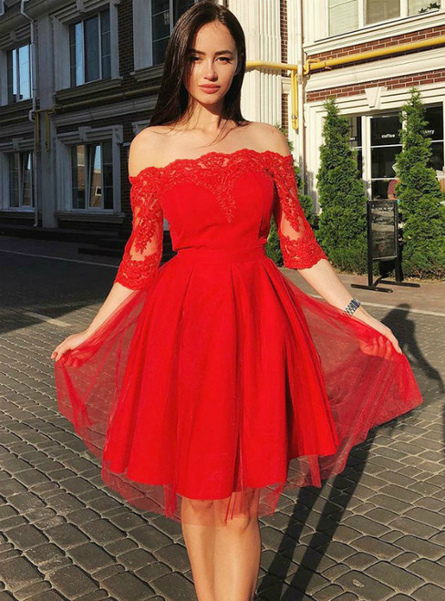 Red Tulle Lace Appliques Off the Shoulder Half Sleeve Homecoming Dress