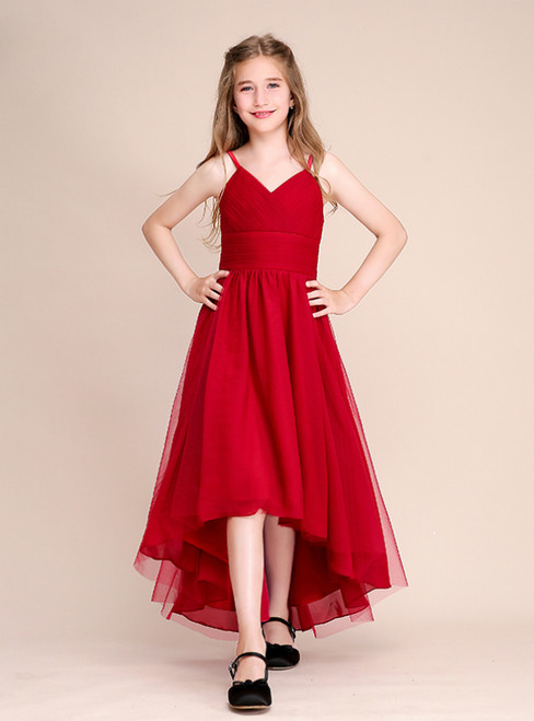 A-Line Hi Lo Red Tulle Spaghetti Straps Pleats Flower Girl Dress
