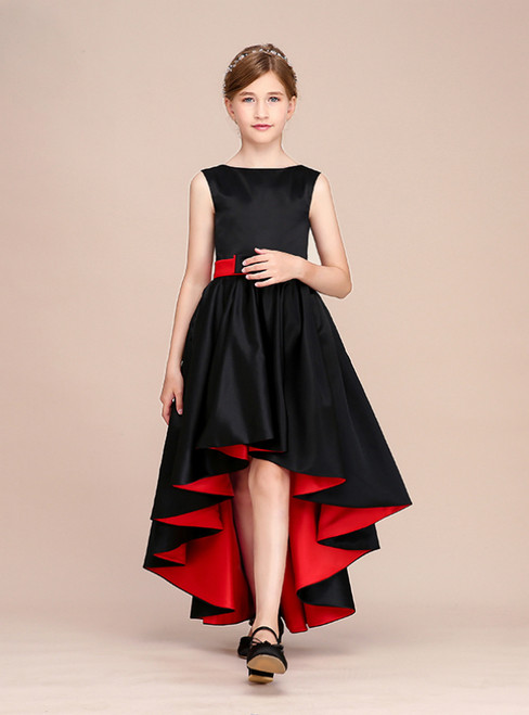 Simple Black Satin Hi Lo Flower Girl Dress With Bow