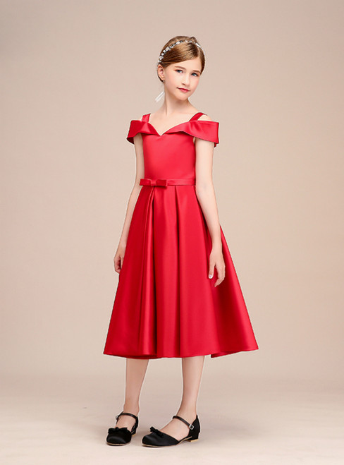 Red Satin Straps Short Tea Length Flower Girl Princess Dress