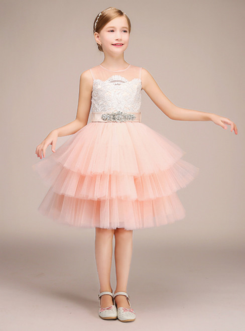 Pink Tulle White Lace Scoop Neck Short Flower Girl Dress With Sash