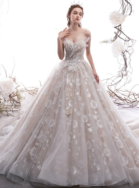 Champagne Ball Gown Tulle Sweetheart Appliques Sequins Wedding Dress