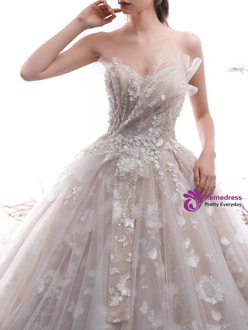 Ball Gown Lace Up Champagne Sweetheart Tulle Sequin Prom Dress LBQ4093