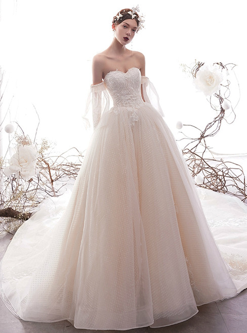 Champagne Ball Gown Tulle Sequins Sweetheart Puff Sleeve Wedding Dress