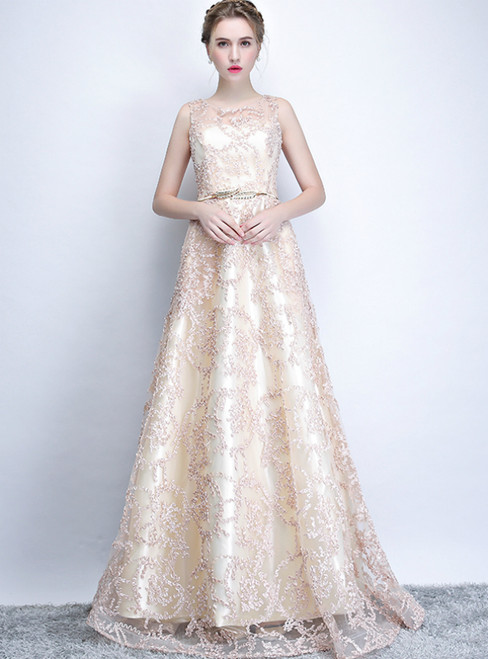 In Stock:Ship in 48 Hours A-Line Champagne Lace Scoop Prom Dress With Pocket Sash