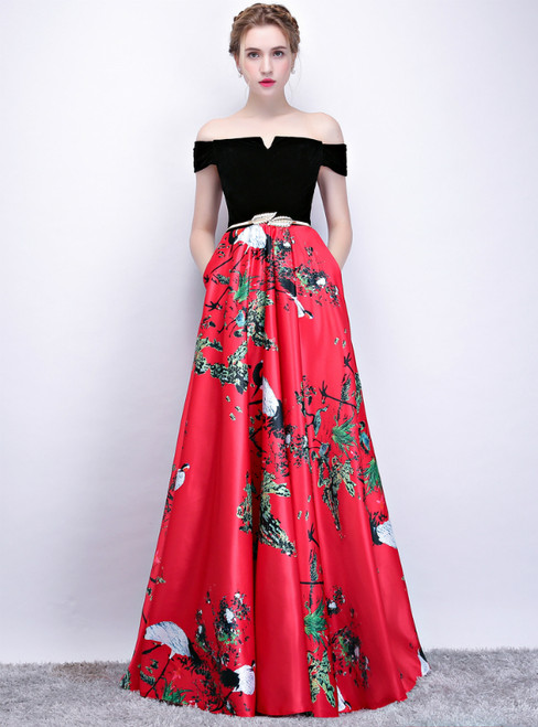 In Stock:Ship in 48 Hours Red Black Satin Print Off the Shoulder Prom Dress