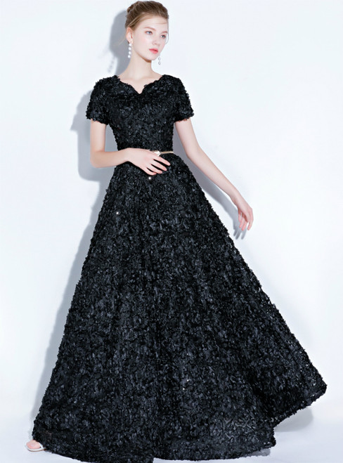 In Stock:Ship in 48 Hours Black V-neck Cap Sleeve Prom Dress With Pocket