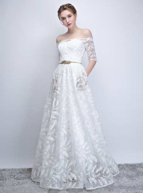 In Stock:Ship in 48 Hours White Tulle Off the Shoulder Short Sleeve Prom Dress With Pocket