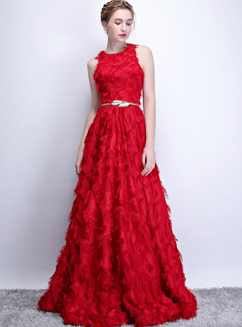 In Stock:Ship in 48 Hours Red Scoop Long Prom Dress With Pocket