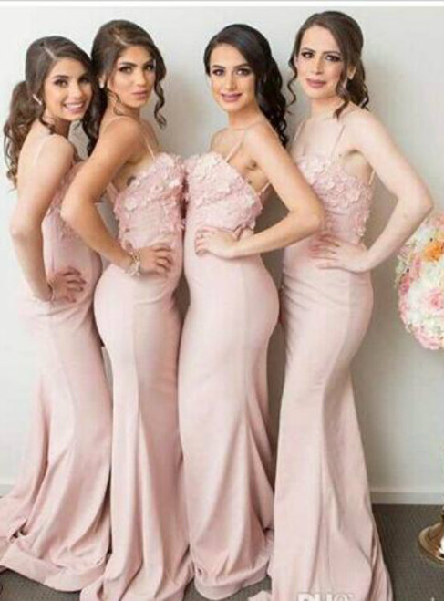 Cheap bridesmaid dresses 2017 Pink Mermaid 3D-Floral-Appliques Spaghetti Straps