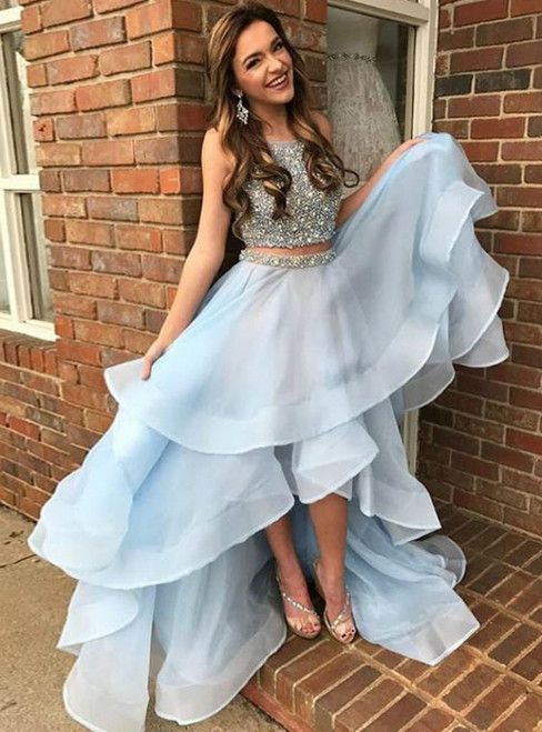 Sexy A-Line Light Blue Two Piece Hi Lo Beading Prom Formal Dress
