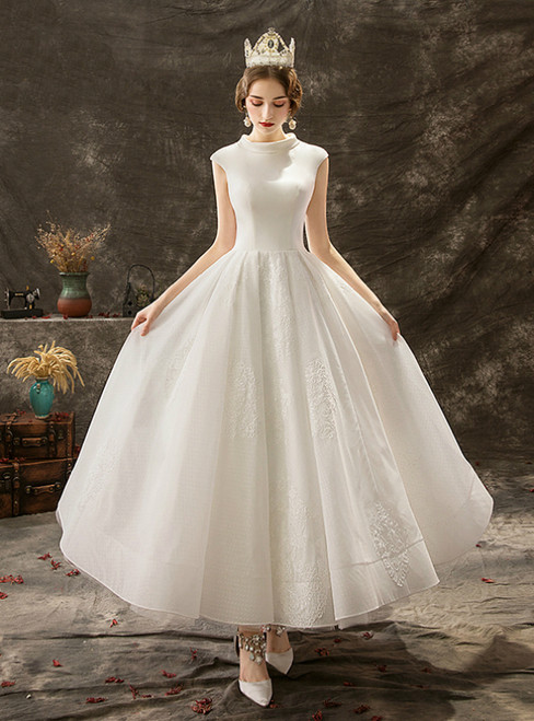 White satin ankle length wedding dress with lace appliques