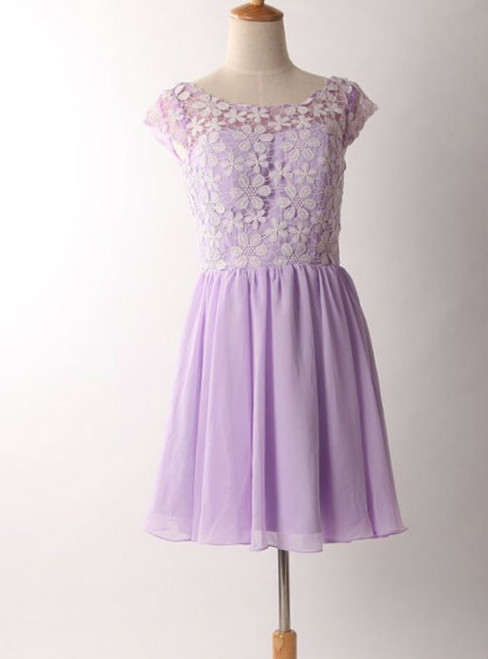 Graceful Purple Lace Round Neckline Short Prom Dresses Purple Bridesmaid dresses  Graduation Dresses