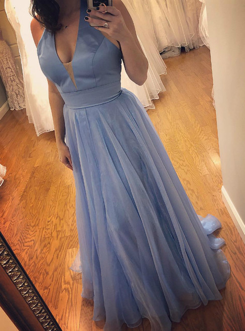 Blue Deep V-neck Halter Satin Organza Backless Prom Dress