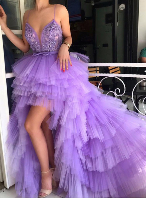Spaghetti Strap Sweet Sexy Lavender Tulle High Low Prom Dress With Bow