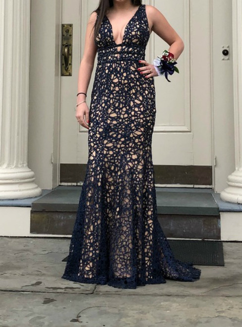 Navy Blue Lace Mermaid V-neck Backless With Beading prom Dress