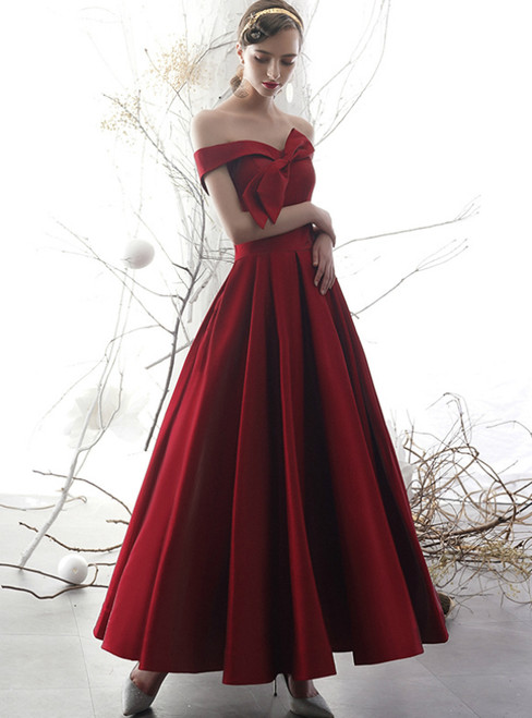 A-Line Burgundy Satin Off the Shoulder With Bow Prom Dress
